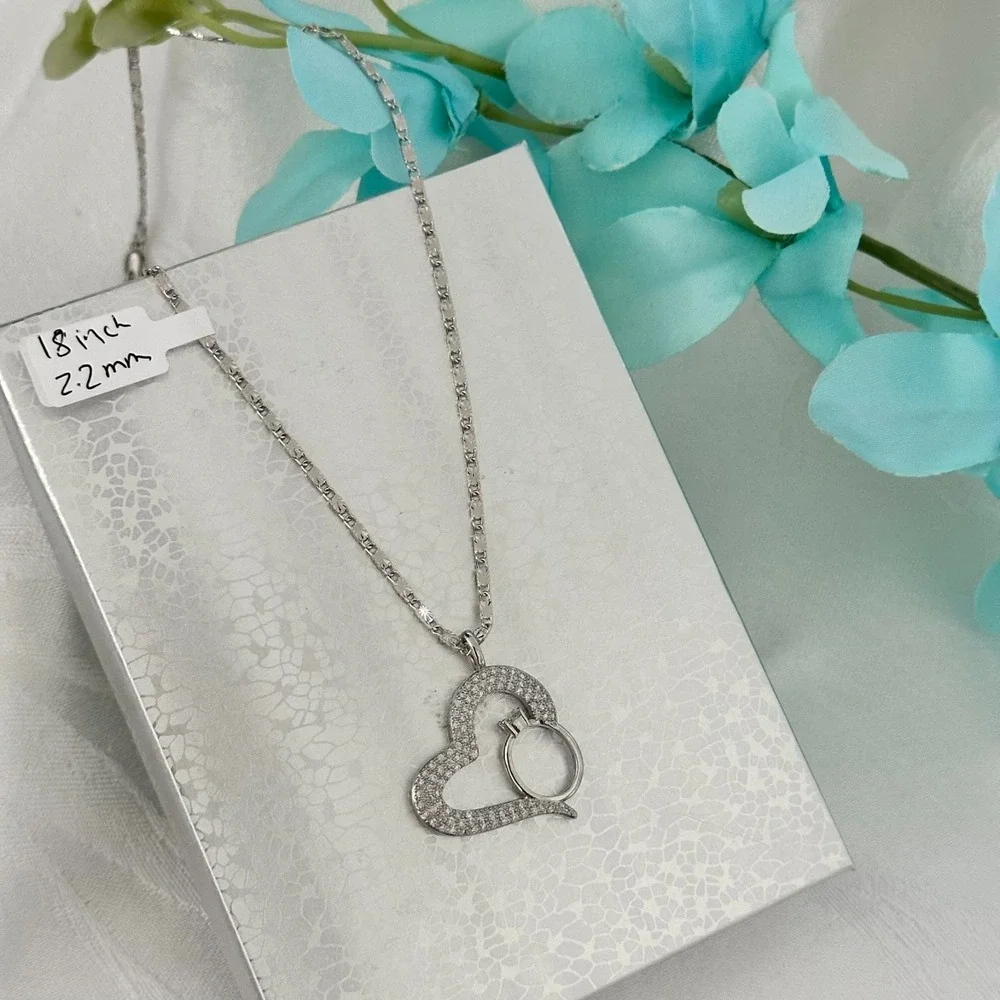 18K Silver Gold Plated Womens Heart-Ring Necklace Chain Pendant Oro Laminado